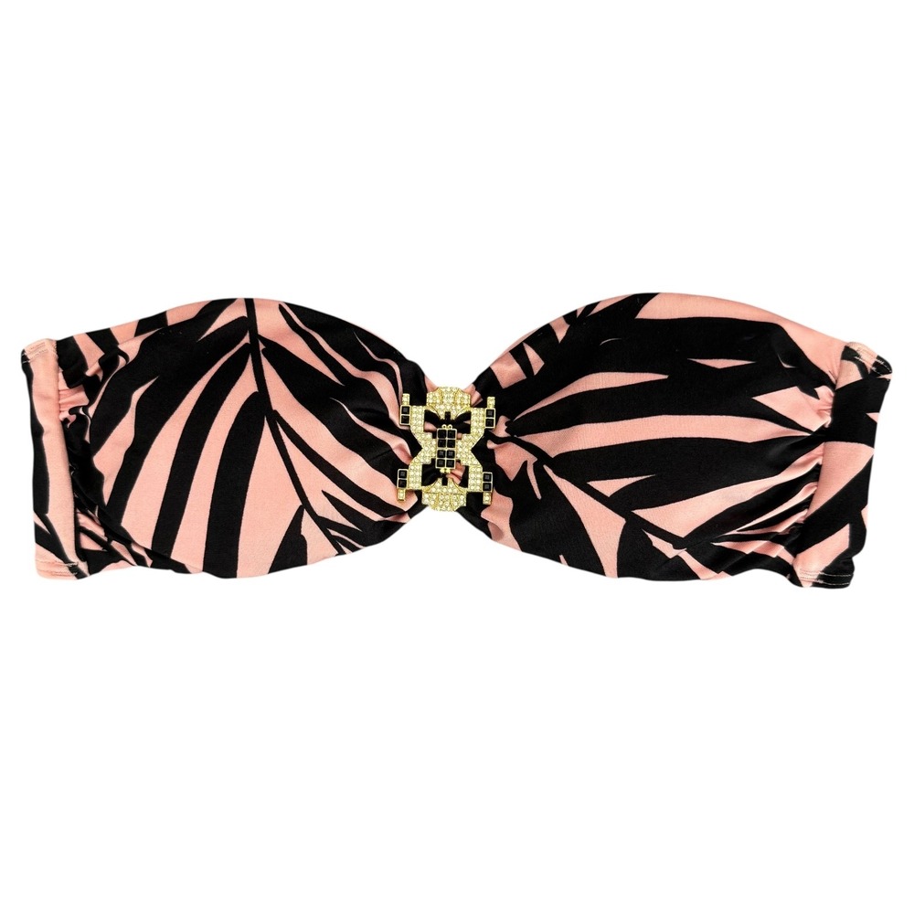 Victorias Secret Bikini Pink Black Palm Bandeau Rhinestone Gold Low Rise S Top M - Picture 2 of 11
